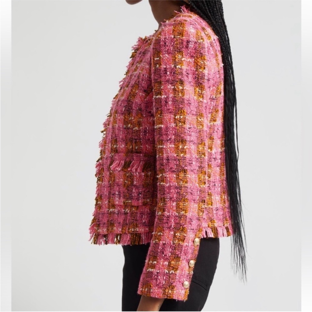 L'Agence 'Angelina' Tweed Raw-Trim Open-Front Blazer Jacket, Fuchsia Pink/Orange - Picture 3 of 9